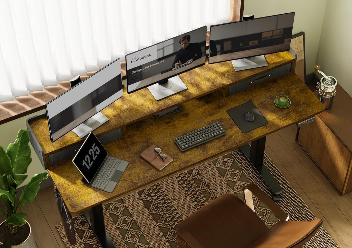 Claiks Standing Desk with Drawers, Adjustable Stand Up Electric Standing Desk Adjustable Height with Storage Shelf and Splice Board, 63 Inch, Rustic Brown