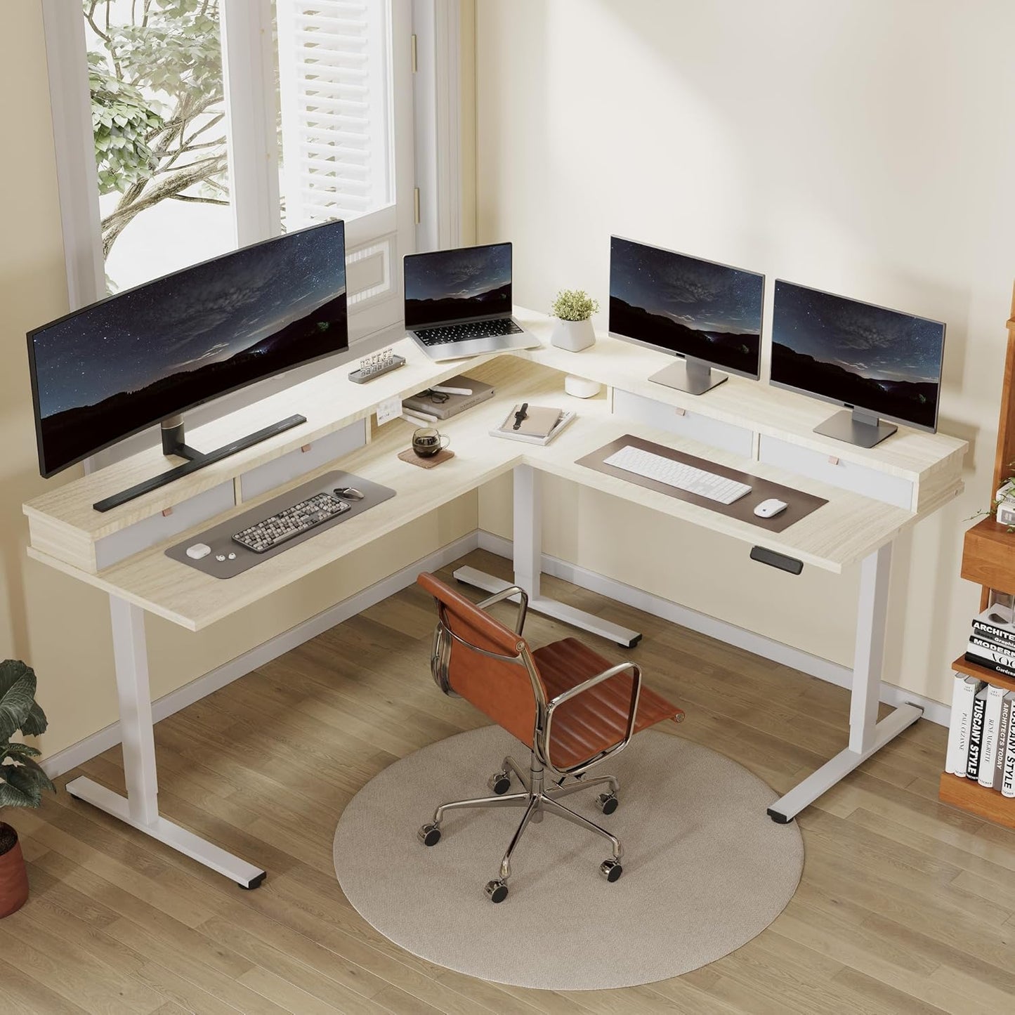 FLEXISPOT 71" L Shaped Standing Desk Electric Corner Table with Shelf, 4 Storage Drawers, Adjustable Computer Workstation for Home, Office, Game, Studio, USB Charger, Light Maple Top + White Frame