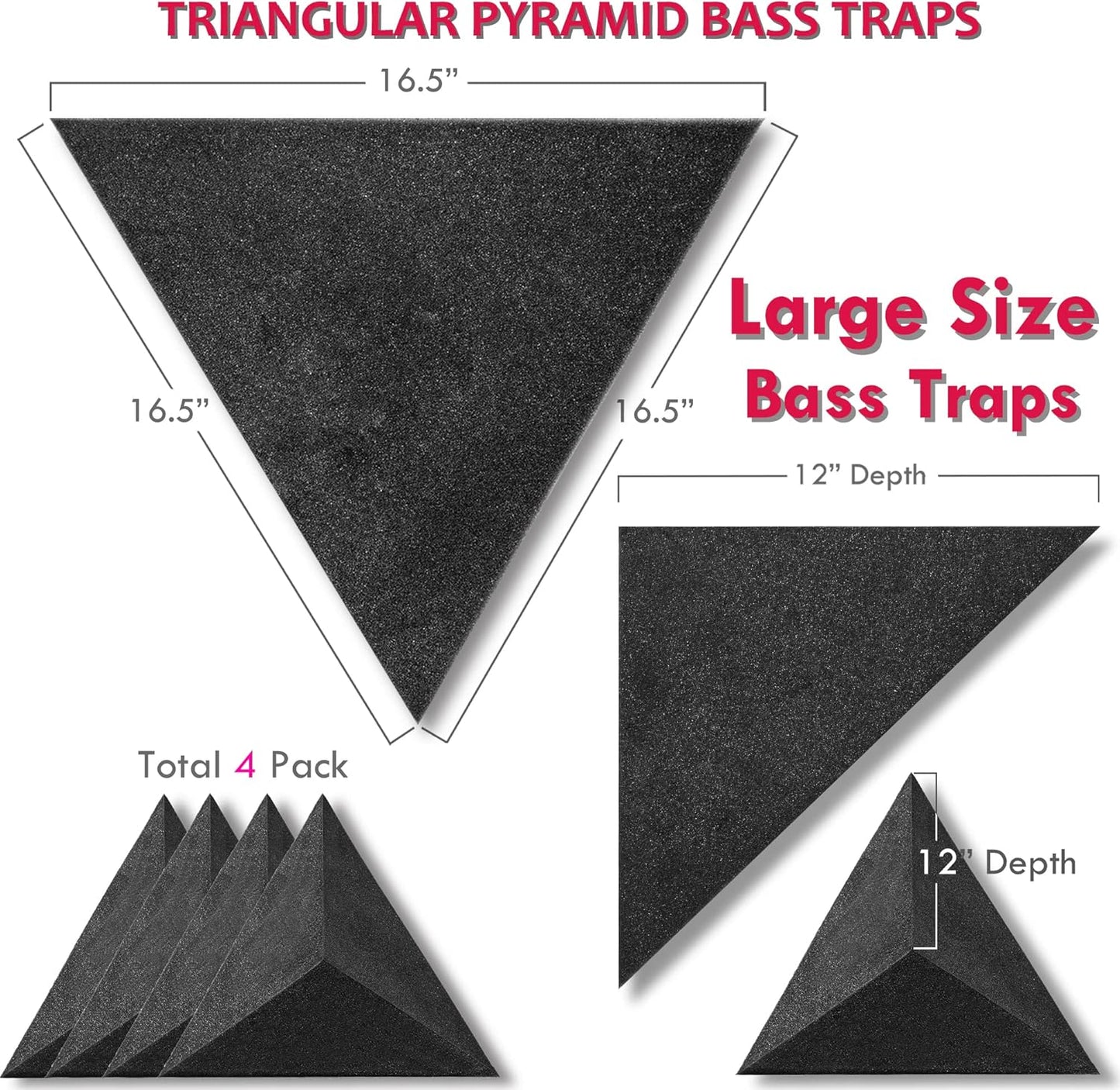 4 Pack Bass Traps for Ceiling Corner 16.5" Triangle 12" Depth Triangular Pyramid Acoustic Foam Bass Trap Sound Proofing for Home Studio Booth Low to High Frequency Sound Absorption Foam