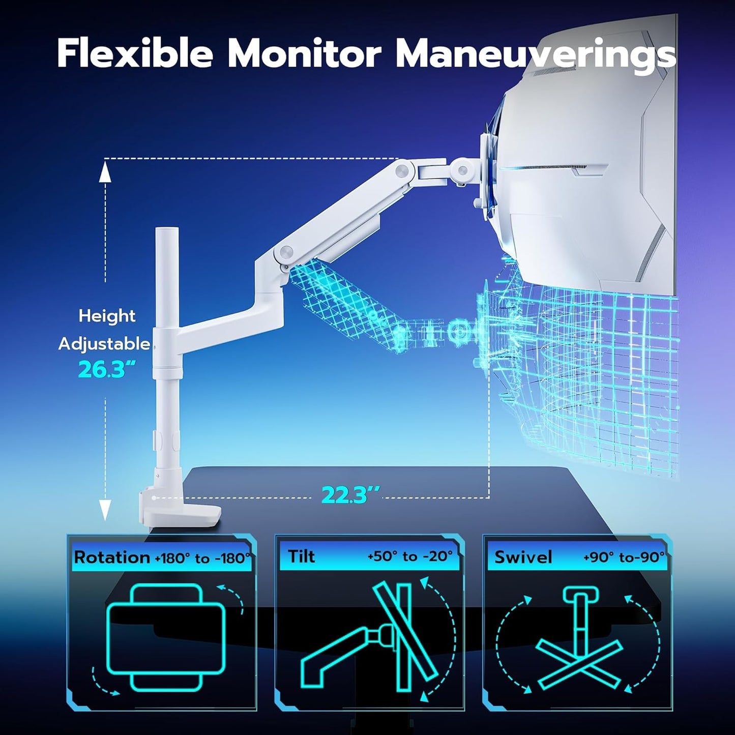 ARES WING Heavy-Duty Monitor Mount for 17-49 inches Ultrawide Curved Flat Monitors, Holds 44lbs, with Extended Column for Desk, Adjustable Gas Spring, White