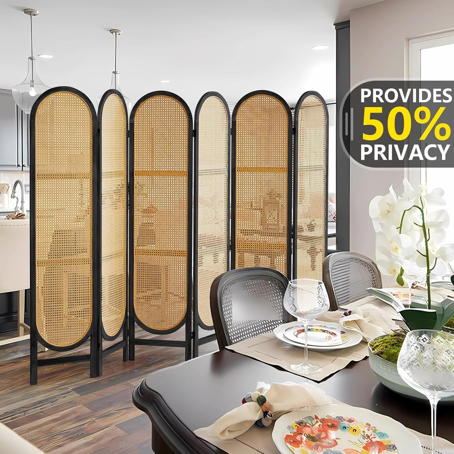 6 Panel Room Divider, Hand-Woven Rattan Room Divider Screen, Folding Privacy Screens with Double Hinges, Wooden Freestanding Wall Divider for Room Separation Bedroom Home Office - Black