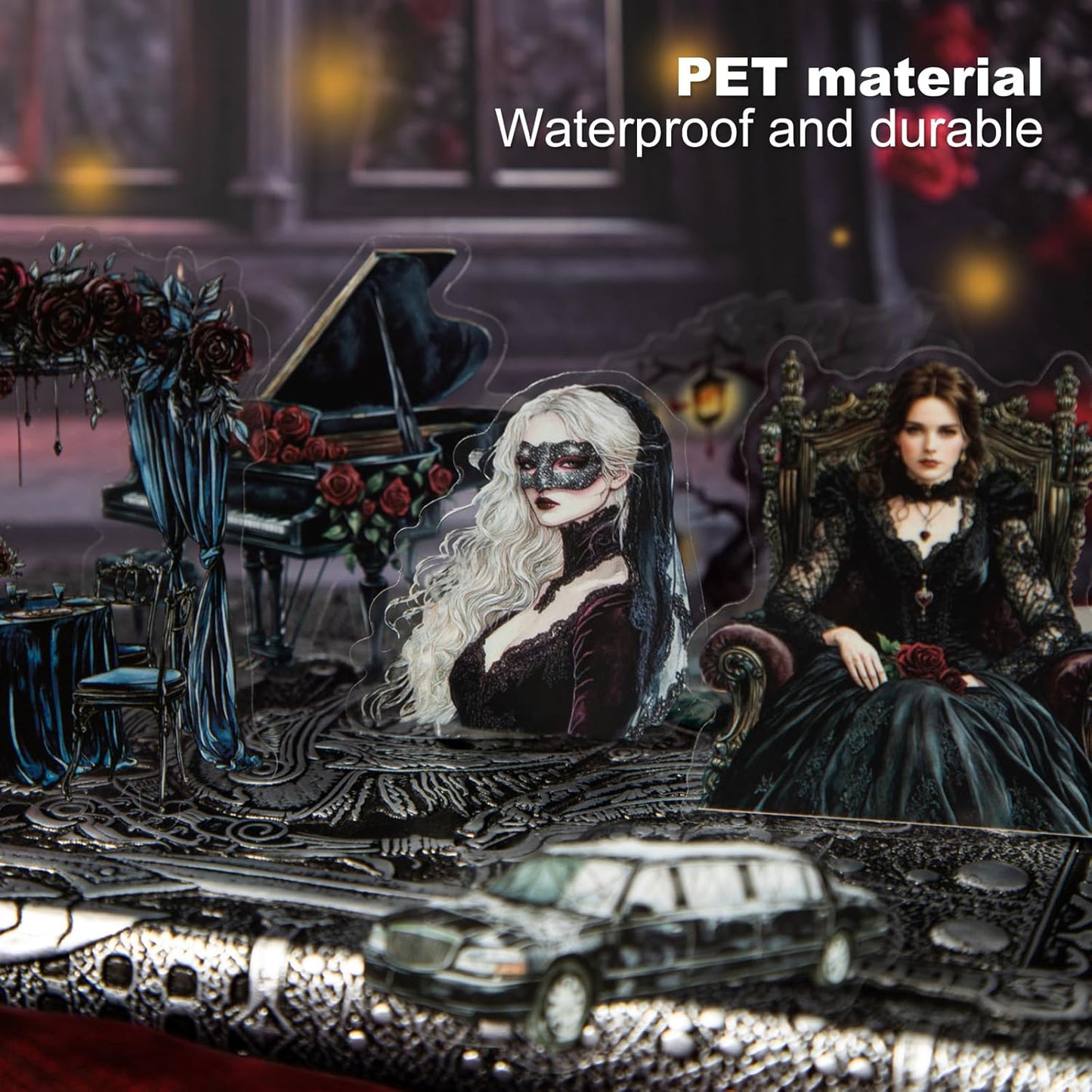 Dark Gothic Ballroom PET Sticker Set, 100PCS Vintage Dance Ephemera for Scrapbooking, Journaling, DIY Crafts, and Planner Supplies