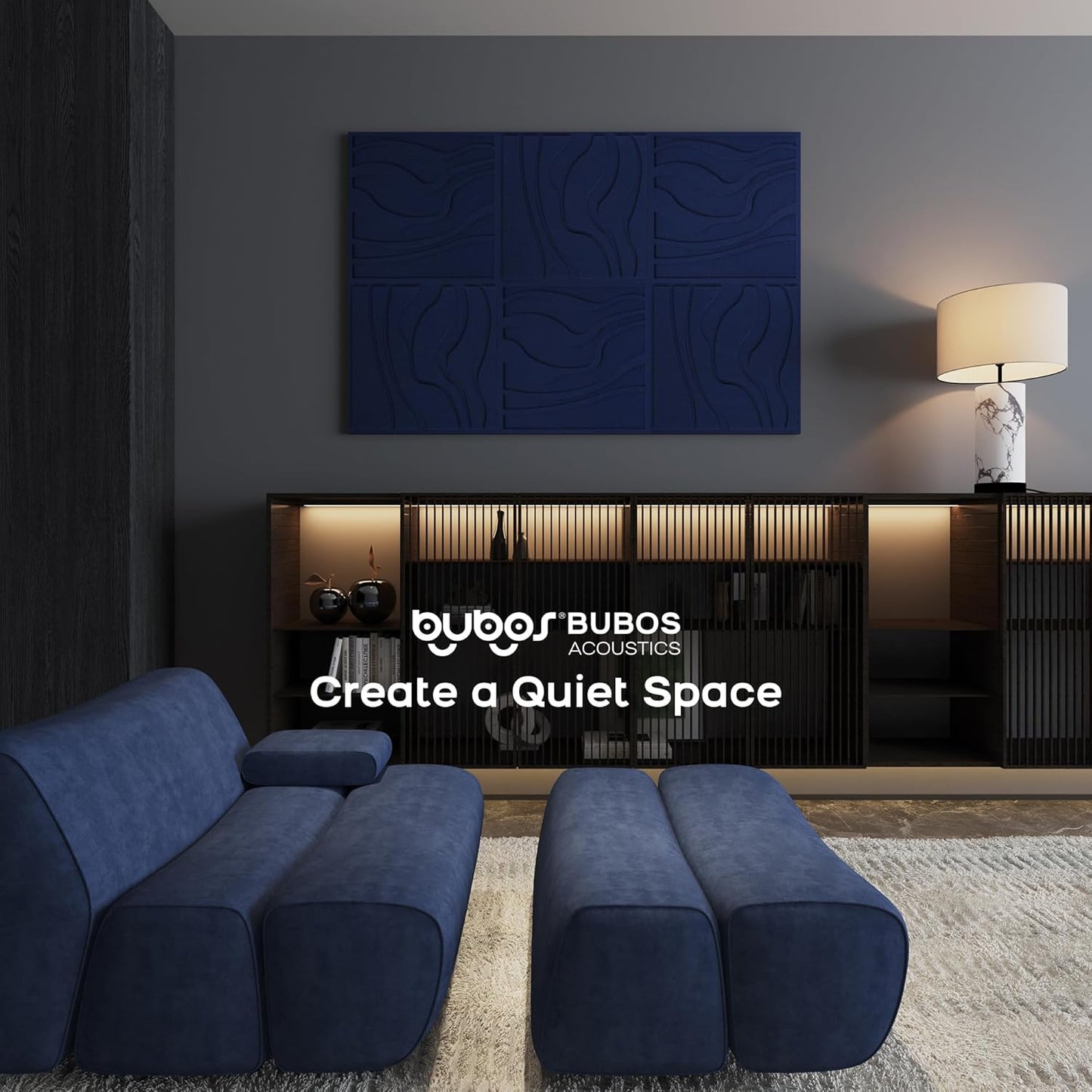 BUBOS Large Acoustic Panels, 6-Pack Soundproof Wall Panels Thickened 23.6 x 23.6 Inches, Self-Adhesive Sound Absorbing Panels Decorative for Recording Studio Office Home Theater, Navy Blue