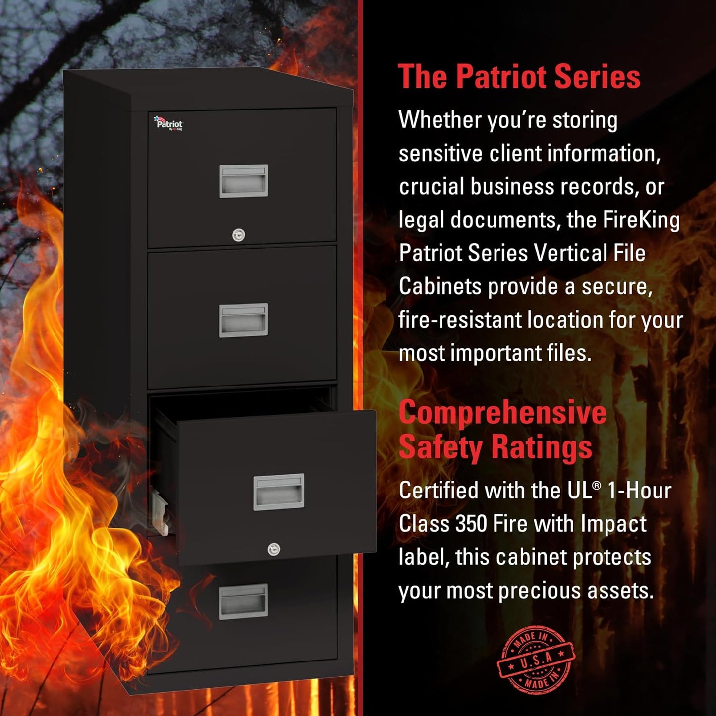 FireKing Patriot Vertical 4 Drawer Legal & Letter Fire Safe File Cabinet, Key Lock, 1 Hour Fire Rated UL Rated & Water Resistant, USA Made, Black