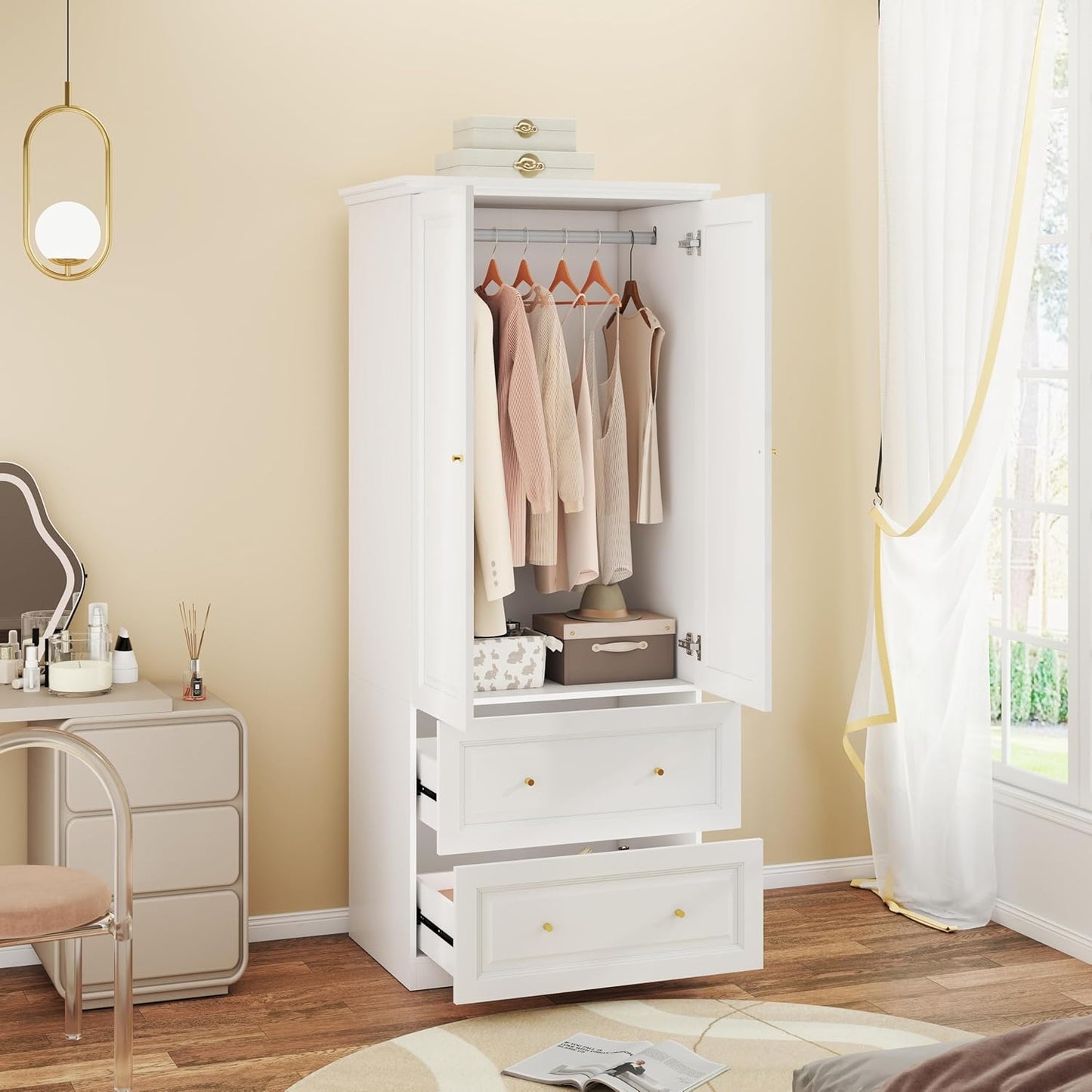 White Armoire Wardrobe Closet with Drawers: Wardrobe Closet for Hanging Clothes, Modern Bedroom Armoires with Hanging Rod, Wardrobes Closets with Doors and Shelves (White, 31.5")
