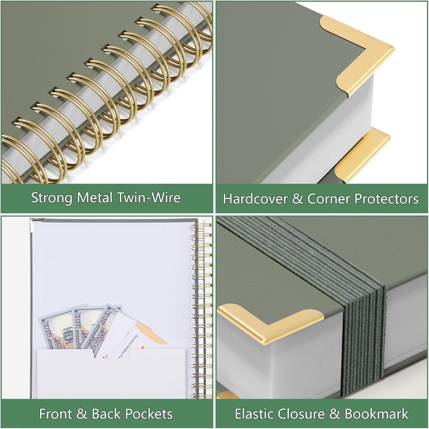 HAUTOCO Spiral Notebook College Ruled B5 Leather Bound Journal, 320 Pages, Hardcover Notebooks with tabs, 100 GSM Paper, 7x 9.7" Lined Journaling Notebooks for Work Office School Business, Olive Green