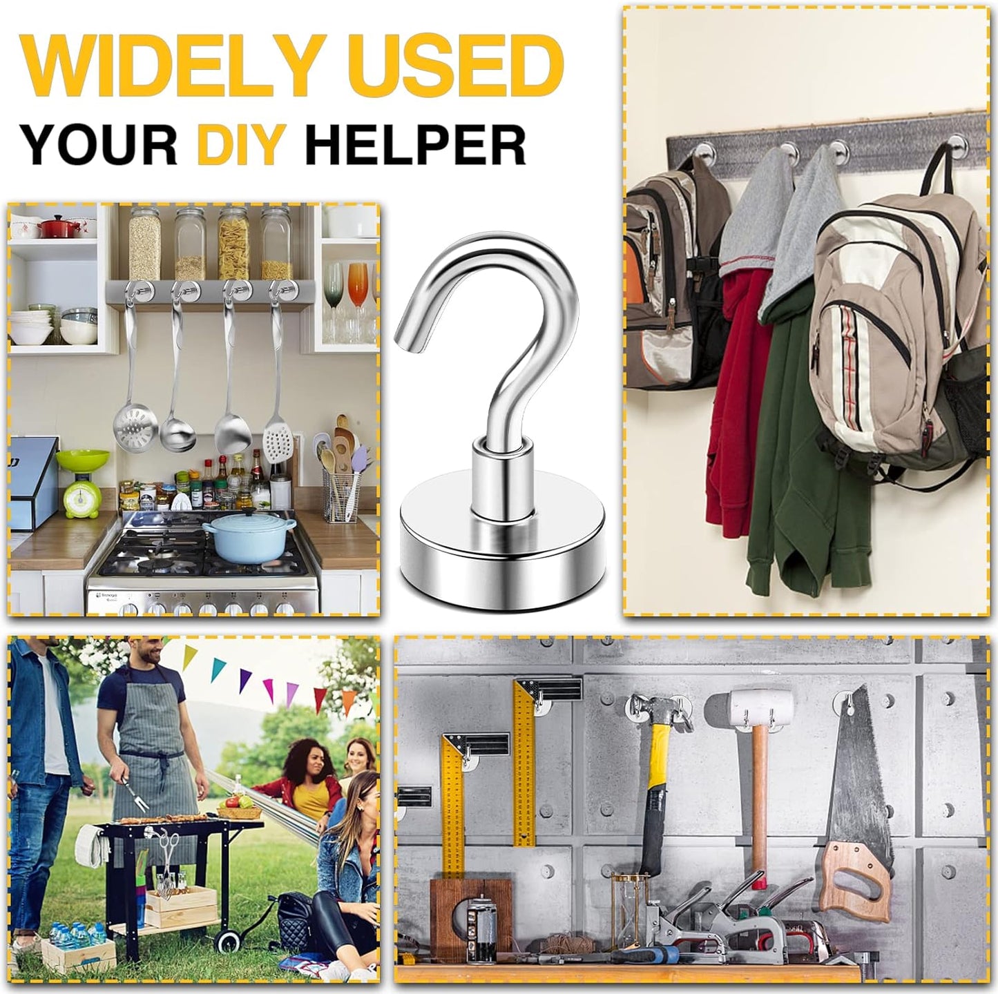 DIYMAG Magnetic Hooks for Refrigerator, Extra Strong Cruise Hook, Heavy Duty Earth Magnets with Hook for Hanging, Magnetic Hanger for Cabins, Grill (45P-Silver)