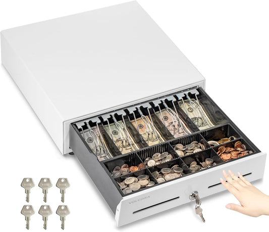 Volcora 16" Push Open Cash Register Drawer for Point of Sale (POS) System, Partial Removable White Heavy Duty Till with 5 Bills/8 Coin Slots, Key Lock and Double Media Slots