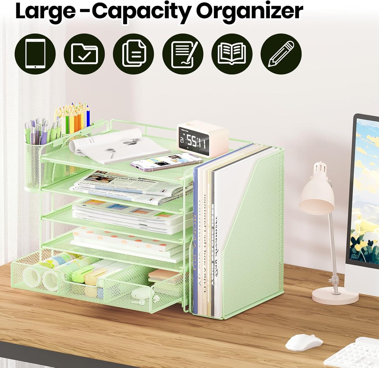 Desk Organizers and Accessories, 5-Tier Paper File Organizer with Drawer & Pen Holder, Office Desk Accessories Workspace Desktop Organizer for Office Supplies((Green)