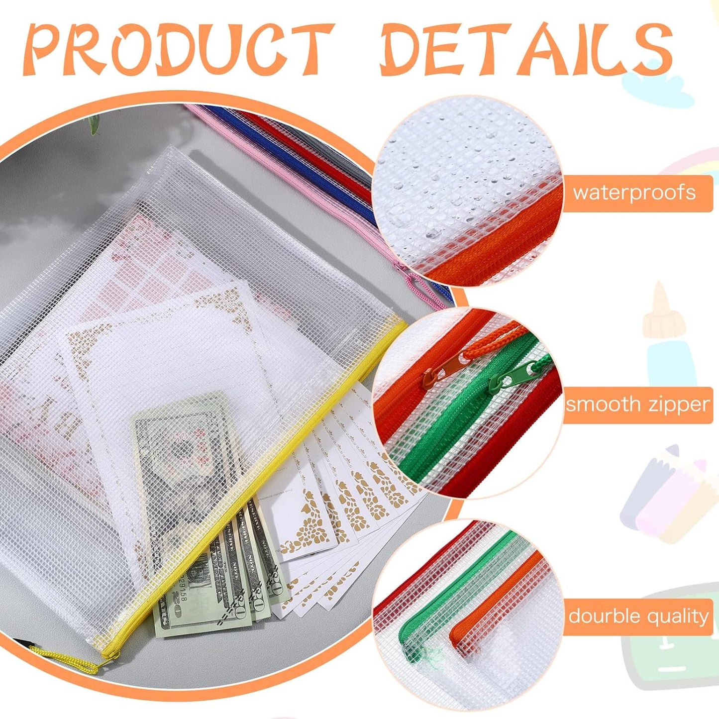 200 Pcs A4 Mesh Zipper Pouch Bulk Waterproof Mesh Zipper Organizer Plastic File Folder Case for School Office Supplies Document Board Games Puzzle(Multicolor)