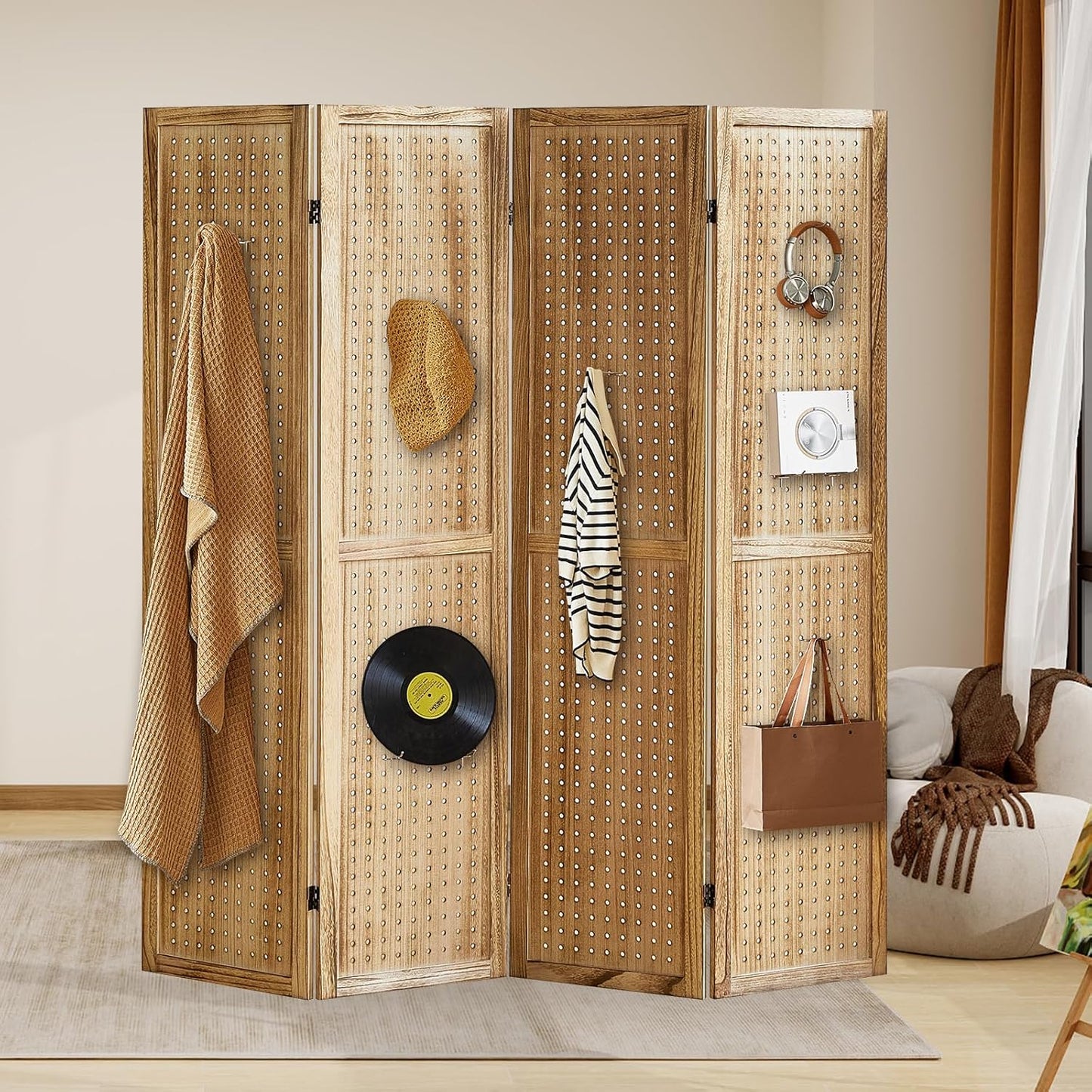 4 Panel Pegboard Display with 16 Hooks, Wooden Room Divider Wall and Folding Privacy Screens, Privacy Dividers for Rooms, Pegboard Room Divider, Jewelry Store, Bedroom, Balcony, Light Brown
