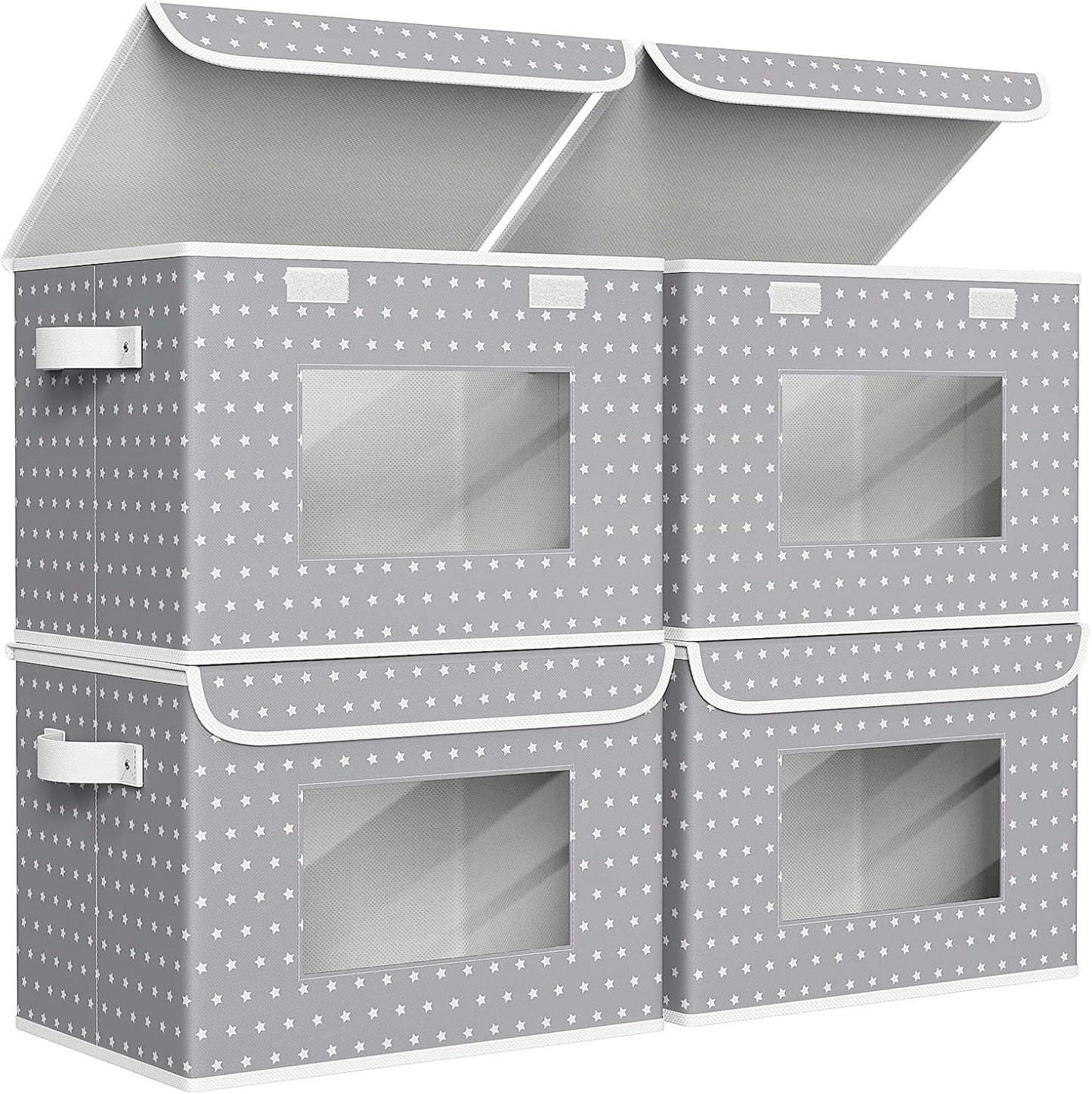Univivi Fabric Foldable Storage Boxes [4-Pack] Large Collapsible Stackable Storage Bins with Lids, Closet Organizers and Storage Cube Basket for Home, Office, Bedroom (Gray Star, 17”x 12” x 12”)