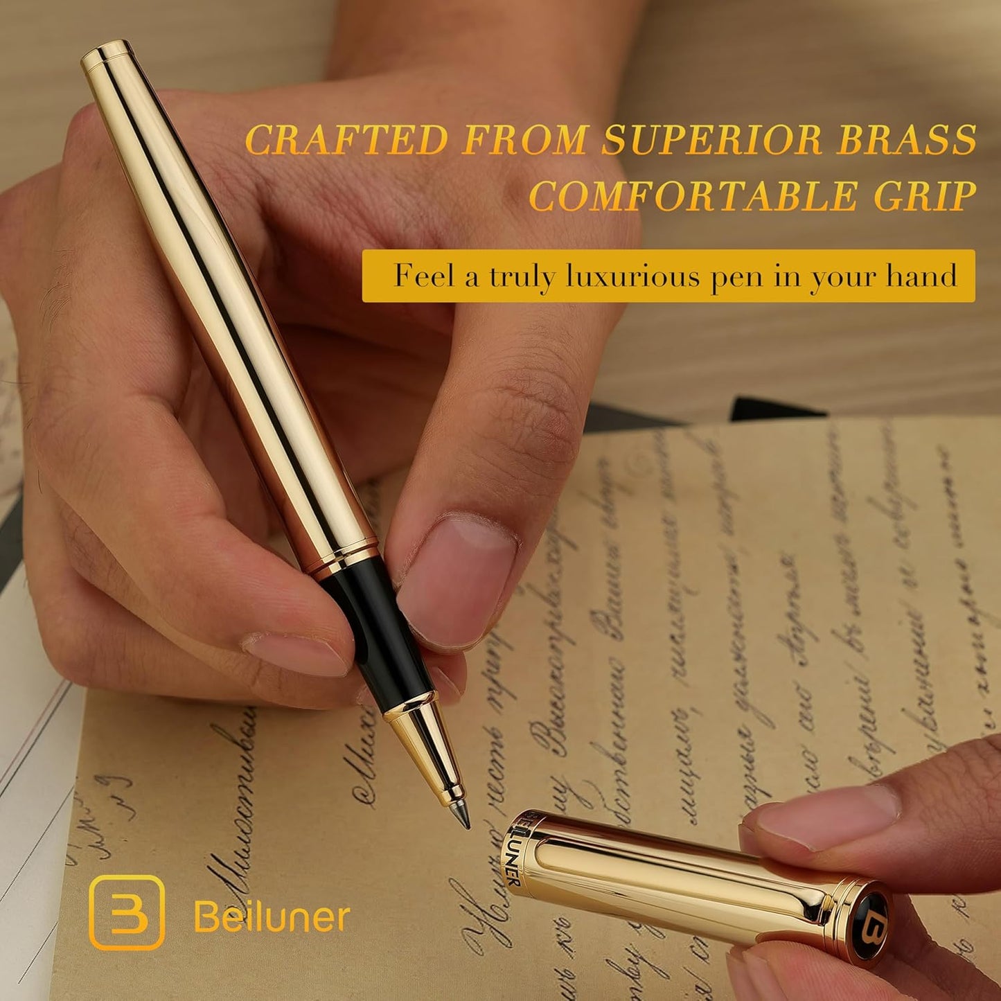BEILUNER Luxury Gold Rollerball Pen, Stunning Pens with 24K Gold Finish, Noble and Elegant Designs,Schneider Ink Refill, Fancy Gift Set for Men & Women, Executive Writing, Office, Nice Graduation Gift