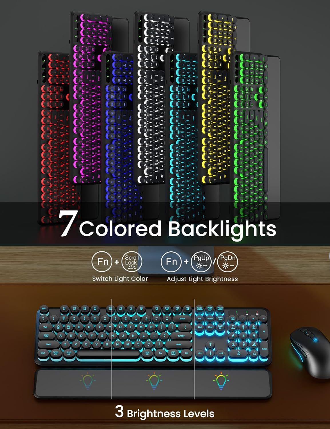 Wireless Keyboard and Mouse Backlit - Typewriter Keyboard with Detachable Wrist Rest, Retro Round Keycaps, Light Up Letters, 2.4G Cordless Combo for Mac, Windows, PC, Laptop, Trueque [2024 Upgraded]