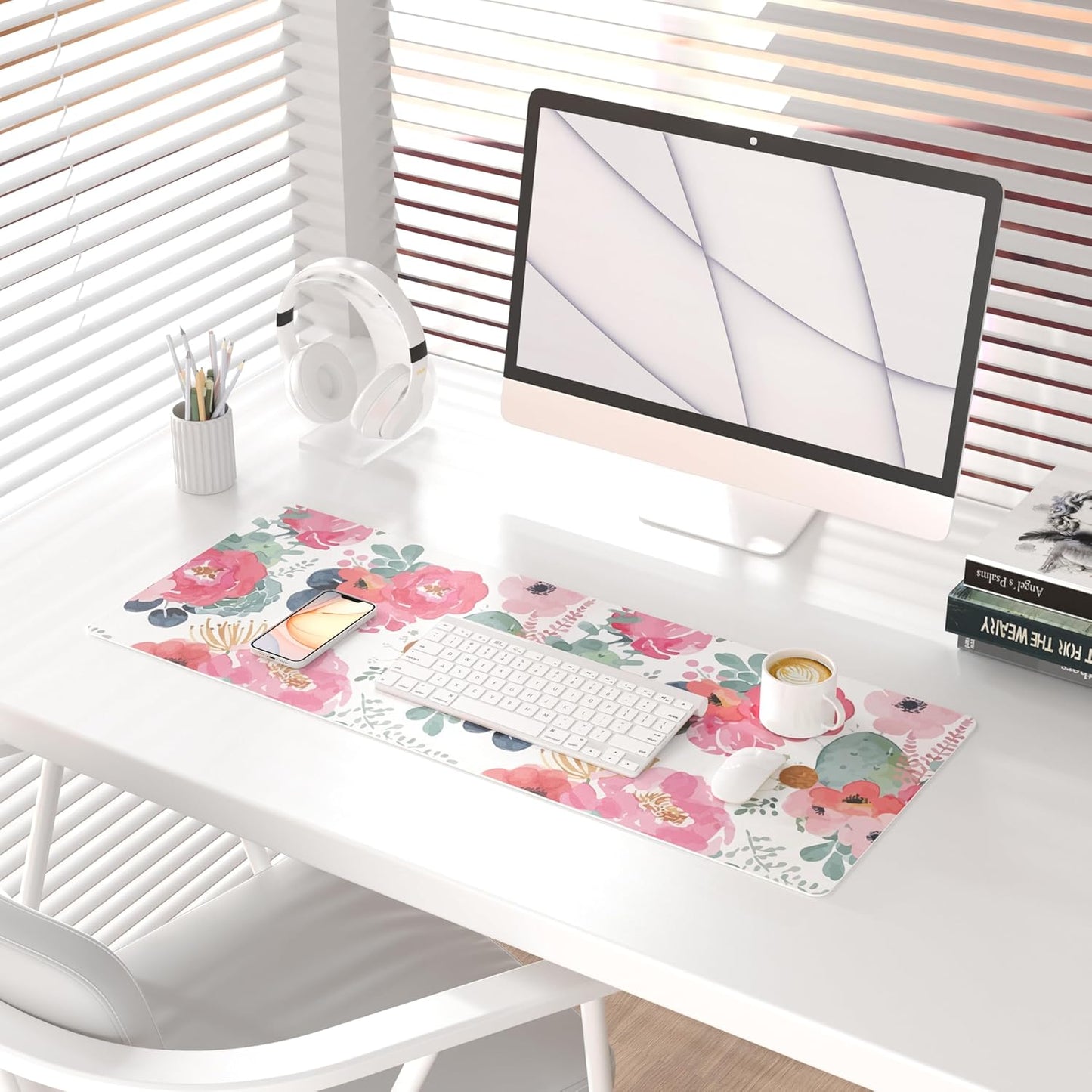 QIYI Large Mouse Pad, Pink Floral Desk Mat for Desktop, Women Girls PU Leather Waterproof Gaming Mousepad, Computer Laptop Desk Accessories Protector Writing Pads for School Office Home 31.5" x 11.8"