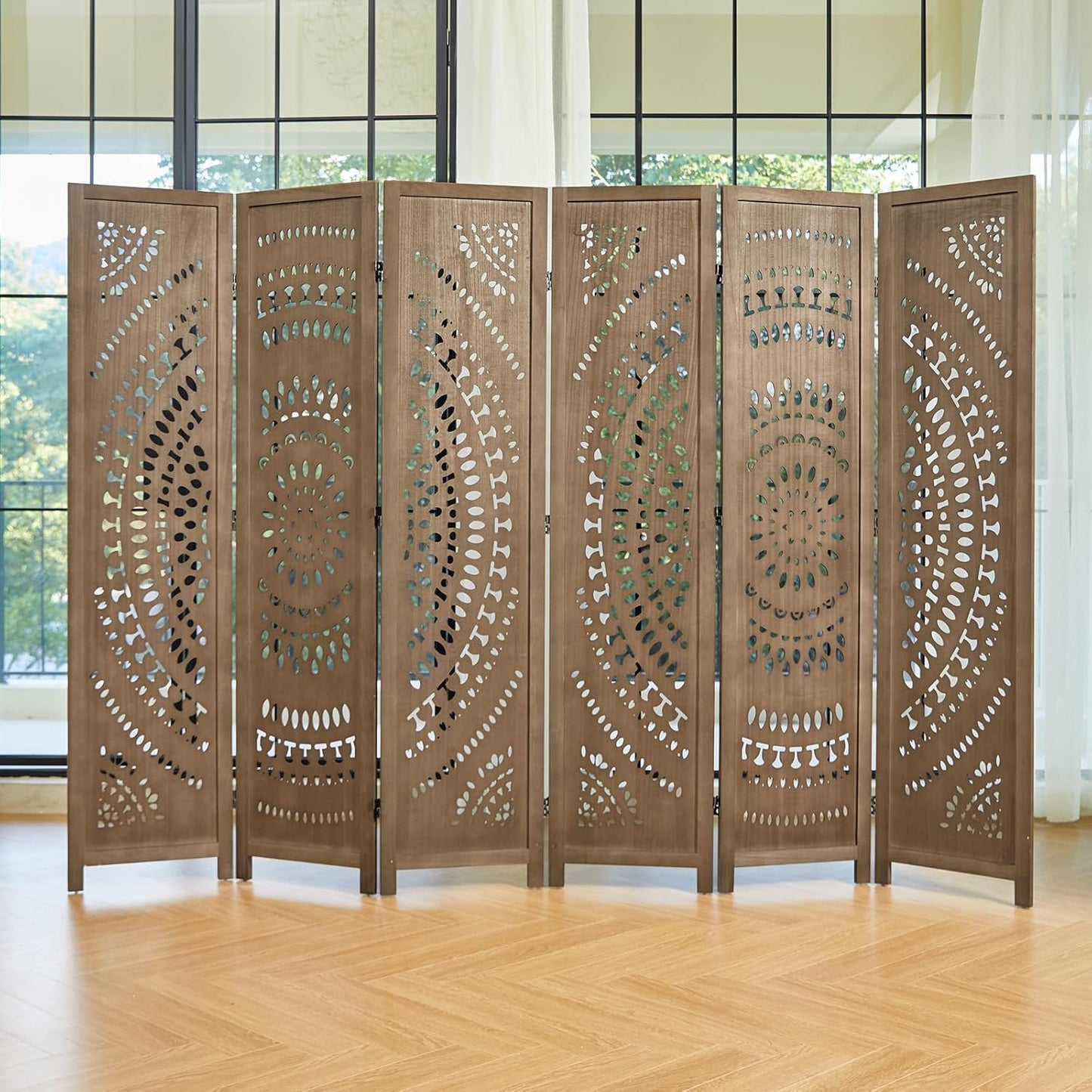 66.9Inch Folding Room Divider, 6 Panels Wood Carved Privacy Screens Free Assembled Freestanding Partition for Bedroom Home Office (Brown)
