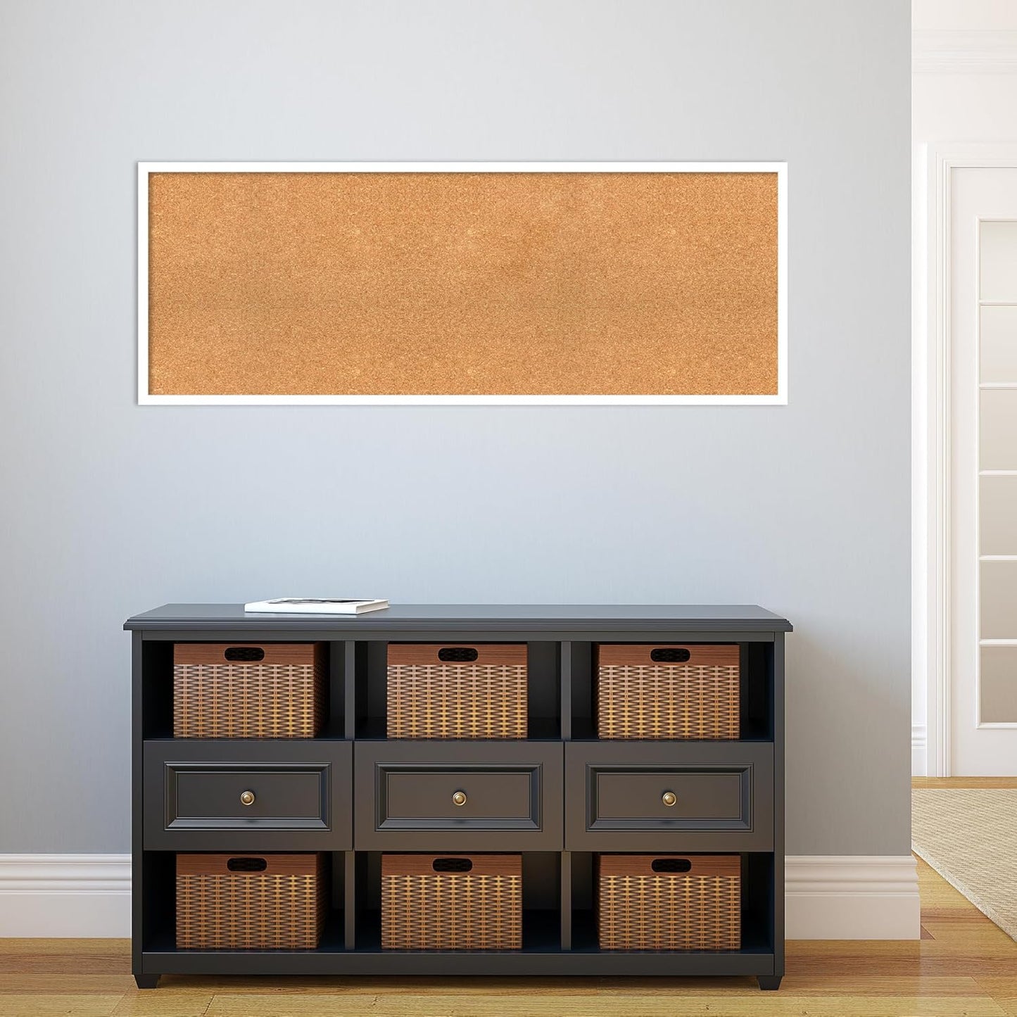 Amanti Art Natural Cork Board for Wall, 19x51 Vision Board with White Frame, Oversize Corkboard Office Decor for Home Organization, Modern Corkboard Pinboard to Display Items for Home Organization in
