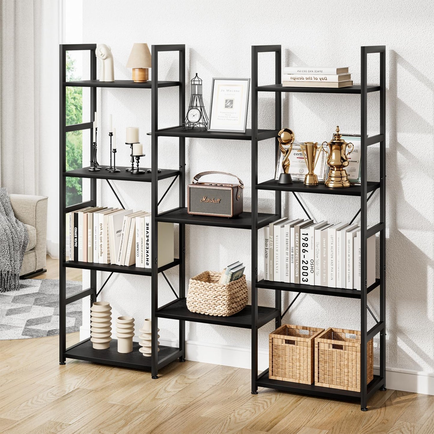 NUMENN Triple Column 4 Tier Bookshelf, Bookcase with 11 Open Display Shelves, Adjustable Rustic Industrial Style Book Shelves, Modern Bookshelves for Bedroom, Living Room and Home Office, Black