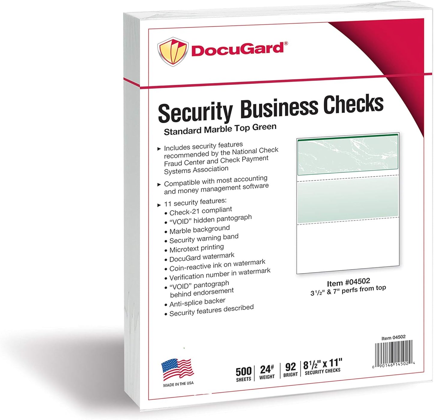 DocuGard Green Marble Top Check, 8.5 x 11 Inches, 24 lb, 500 Sheets, 1 Check Per Sheet (04502)