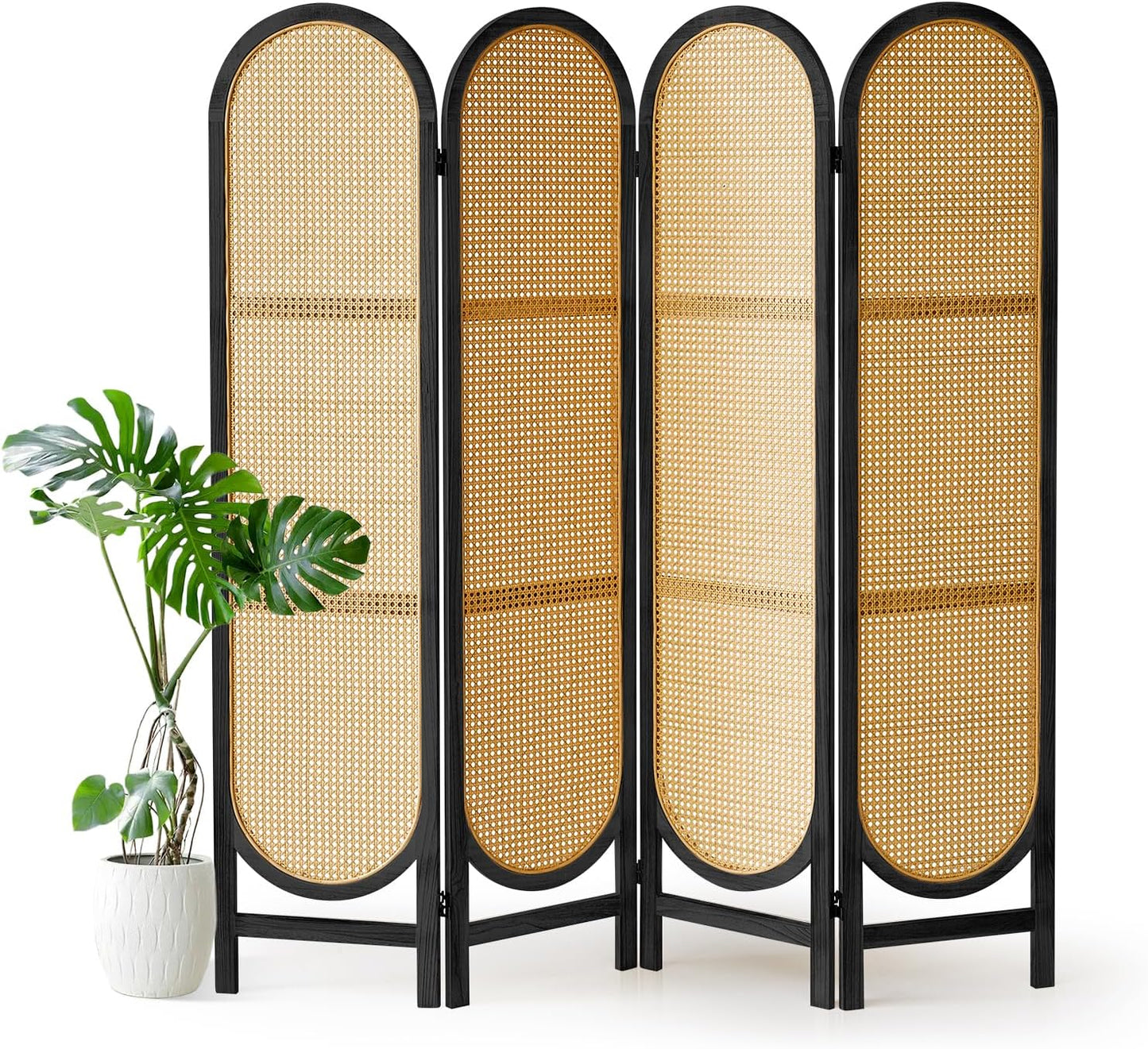 4 Panel Room Divider, Hand-Woven Rattan Room Divider Screen, Folding Privacy Screens with Double Hinges, Wooden Freestanding Wall Divider for Room Separation Bedroom Home Office - Black