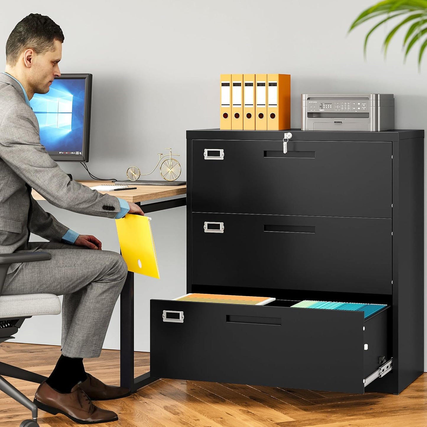 SISESOL 3 Drawer Lateral File Cabinet with Lock,Black Lateral Filing Cabinet,Horizontal Metal Filing Cabinets,Locked Wide Three Drawer File Cabinets for Office Home,Fit A4/F4/Letter/Legal File