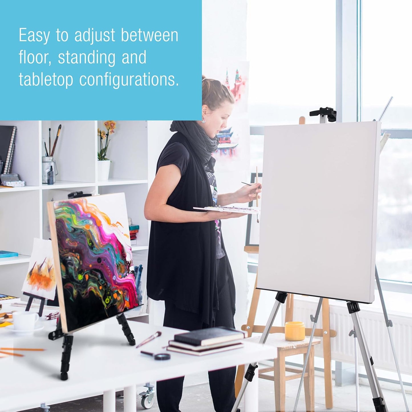 U.S. Art Supply 66" Silver Metal Tripod Easel Display (2 Pack) - Adjustable 18"- 5.5', Holds 36" Canvas - Floor/Tabletop Easel Stand, for Sign Display, Painting, Poster Board, Canvas - Portable Bag