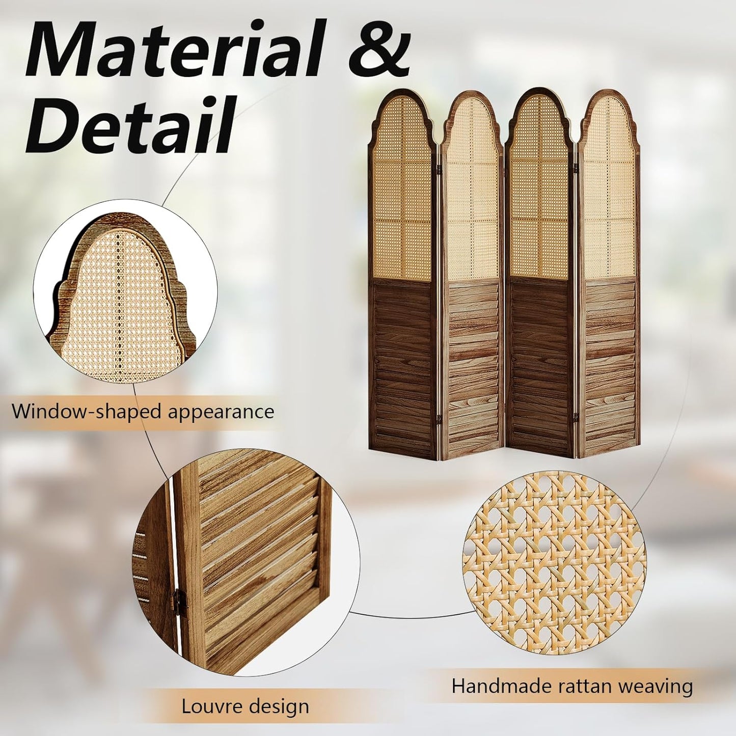 4 Panel Rattan Room Divider Panel, 5.6Ft Partitions and Dividers, Louvered Partition Divider, Room Dividers Screen, Solid Wood Frame, Folding Screen, Bedroom, Family Room, Dark Brown