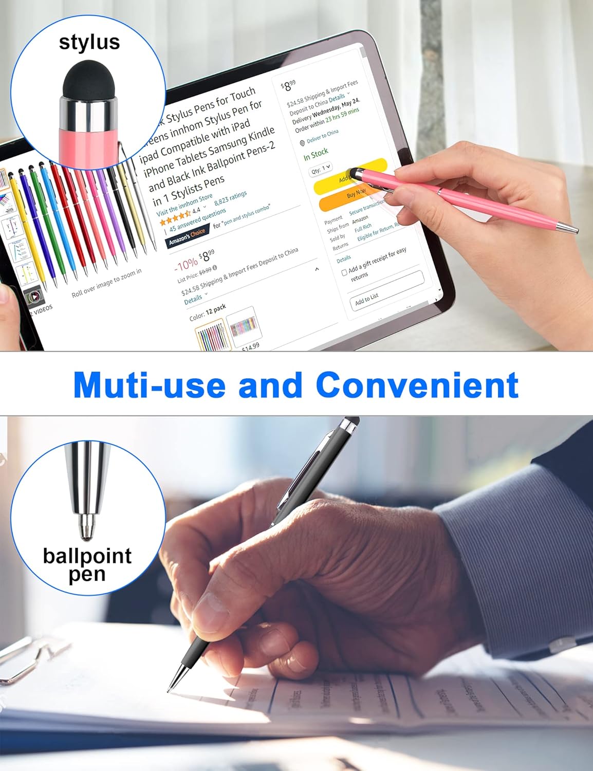 innhom 12 Pack Stylus Pens for Touch Screens Stylus Pen for ipad Compatible with iPad iPhone Tablets Samsung Kindle and Black Ink Ballpoint Pens-2 in 1 Stylists Pens