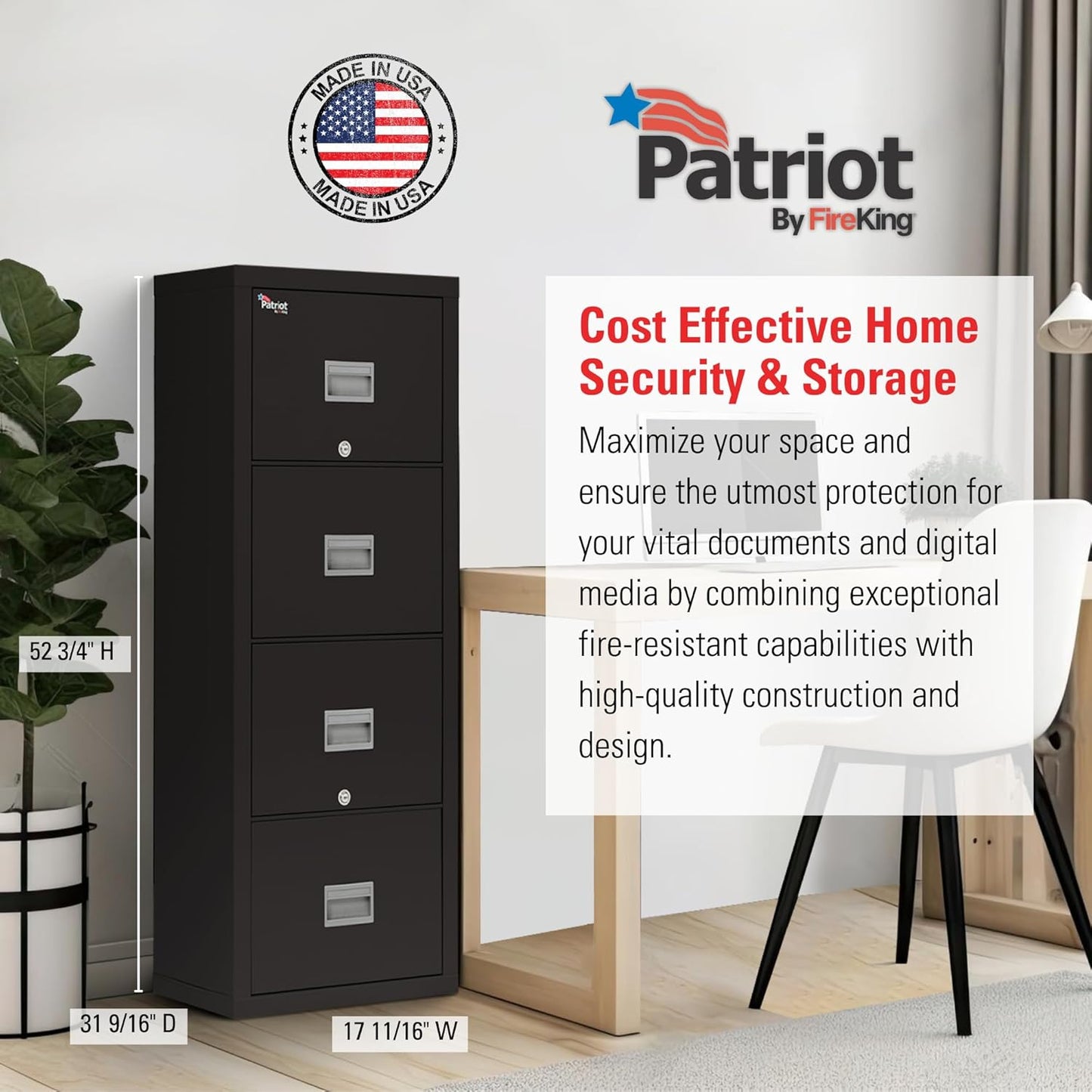 FireKing Patriot Vertical 4 Drawer Legal & Letter Fire Safe File Cabinet, Key Lock, 1 Hour Fire Rated UL Rated & Water Resistant, USA Made, Black