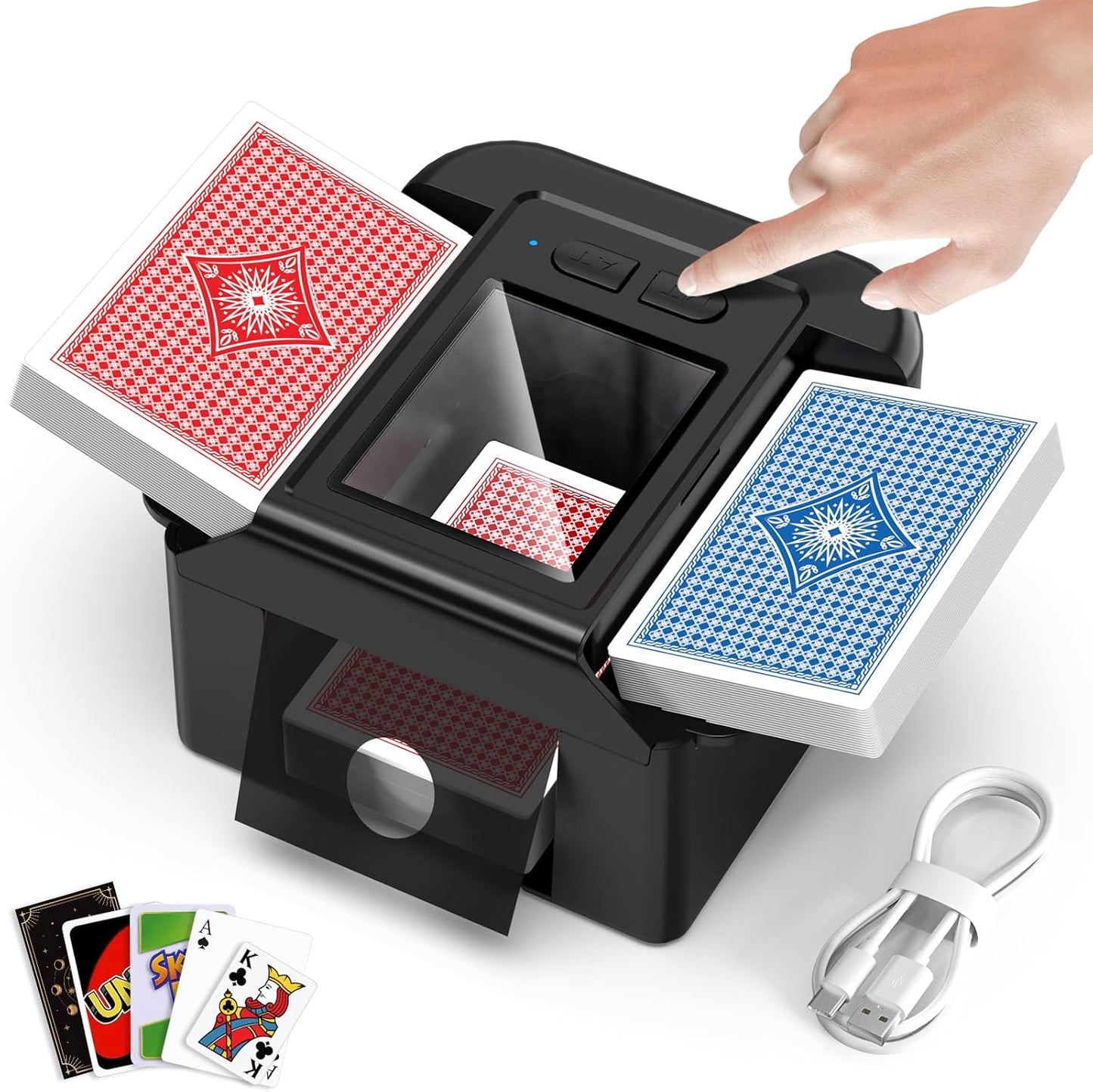 Card Shuffler 2 Deck Automatic, Rechargeable Playing Card Shuffler with Dual Mode, Low Noise and Portable, Auto Shuffler Machine for Poker, UNO,Skip-Bo, Phase 10, Blackjack, Texas Hold'em, Black