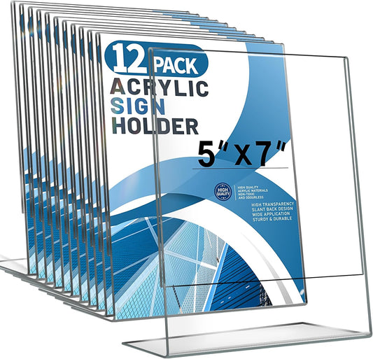 Aheroi 12Pcs Acrylic Sign Holder, 5x7 Clear Sign Holders, L-shape Table Sign Holders Paper Stand, Plastic Sign Holder Standing, Paper Display Stand for Menu Document Display, Activities Supplies