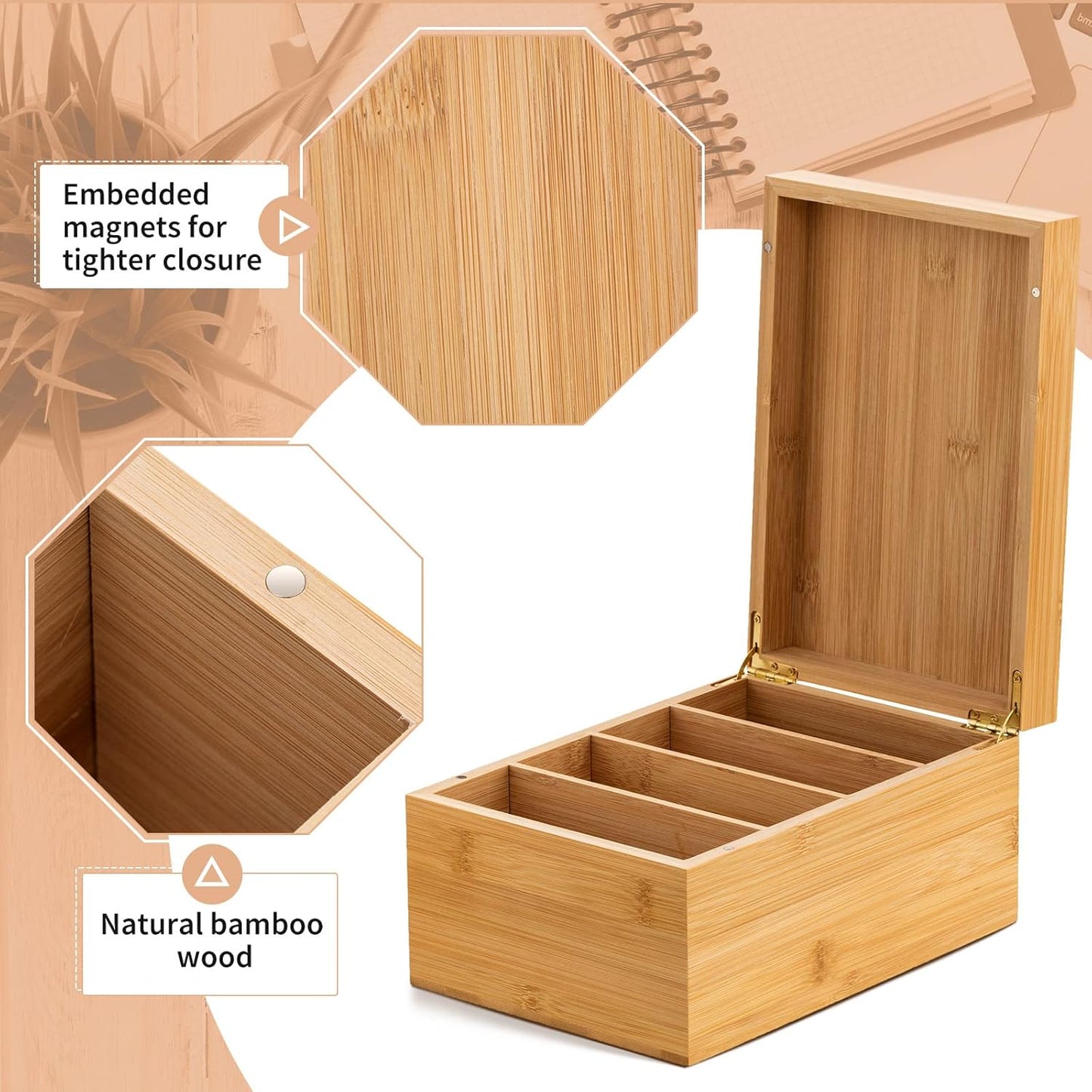 Henoyso 4 x 6 Inches Index Card Holder Set, Bamboo Recipe Box Organizer Index Cards Organizer, 50 Pcs Dividers 2 Sheets Alphabet Number Stickers File Note Holders for Office Business Home Kitchen