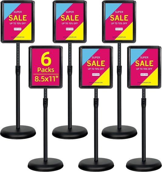 6-Packs Sign Holder Stand for Display 8.5x11 Inch - Adjustable Floor Standing Sign Holder - Pedestal Poster Stand with Vertical & Horizontal View, Indoor/Outdoor Business & Store Signage(Black)