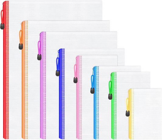 Smarpau 8pcs Zipper Pouch, 8 Sizes 8 Colors Plastic Zipper Bags for Organizing, Multipurpose Waterproof Zip Document Pouches for Office, Travel, Board Game Storage