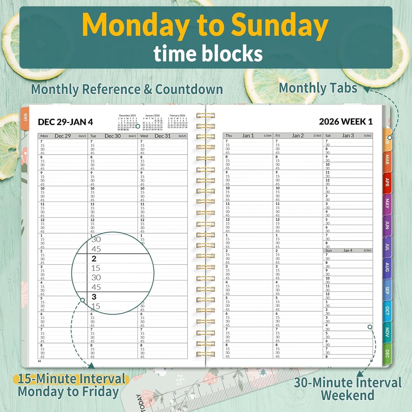 SUNEE 2026 Appointment Book, Quarter-Hourly, Weekly & Monthly - from January 2026 - December 2026, 6.4"x8.3" Weekly Planner, Flexible Cover, Note Pages, Pockets, Bookmark, Green Wildflowers
