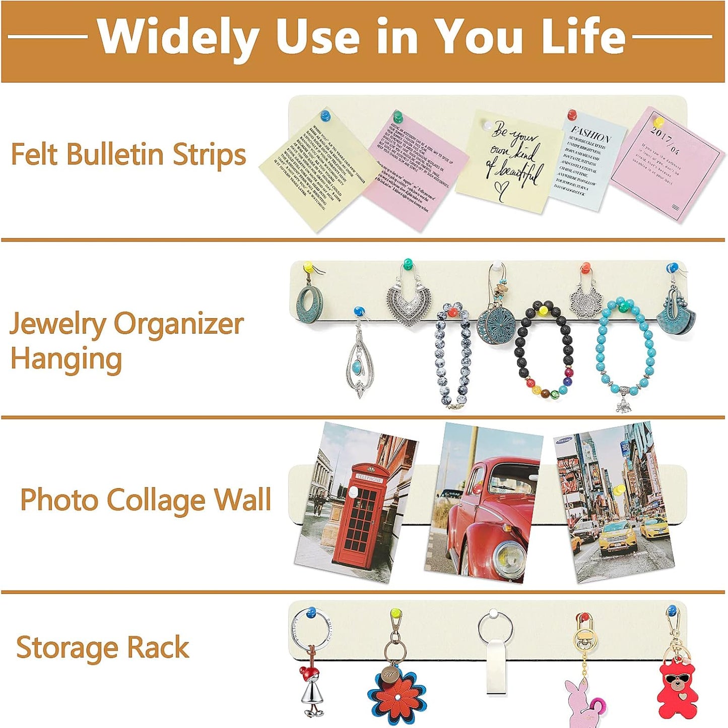 Felt Pin Board Bar Strips Bulletin Board for Bedrooms Offices Home Wall Decoration, Notice Board Self Adhesive Cork Board with 35 Push Pins for Paste Notes, Photos, Schedules (Cream)