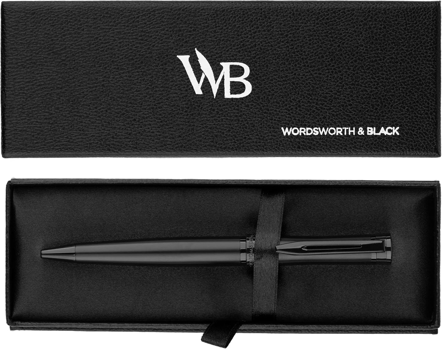 Wordsworth and Black Ballpoint Pen All Black Lacquer- Stunning Luxury Pen, Ink Refill, Best Gift Set for Men & Women, Refillable, Elegant, Nice Pens, Fine Point