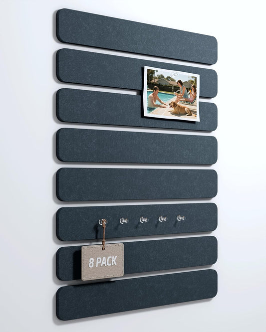 Cork Board Alternative Felt Strip Board 8-Pack 13"x2", Office Pin Board with 50 Push Pins, Adhesive Install for Bedroom Door & Home Office(Deep Charcoal Blue)