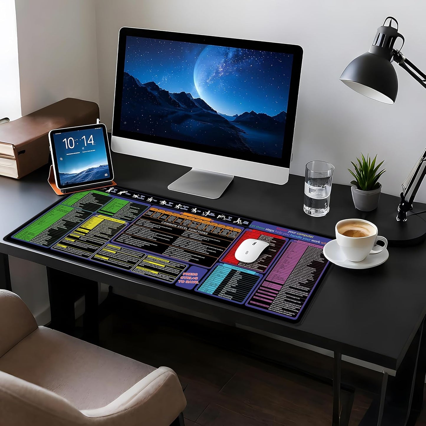 Mouse Pad with Excel, Word, Shortcuts – Excel Cheat Sheet Desk Pad – Portable Computer Mousepad – Gaming, Office, Waterproof, Non-Slip, Stitched Edges 35.5 x 15.7inches x 3mm