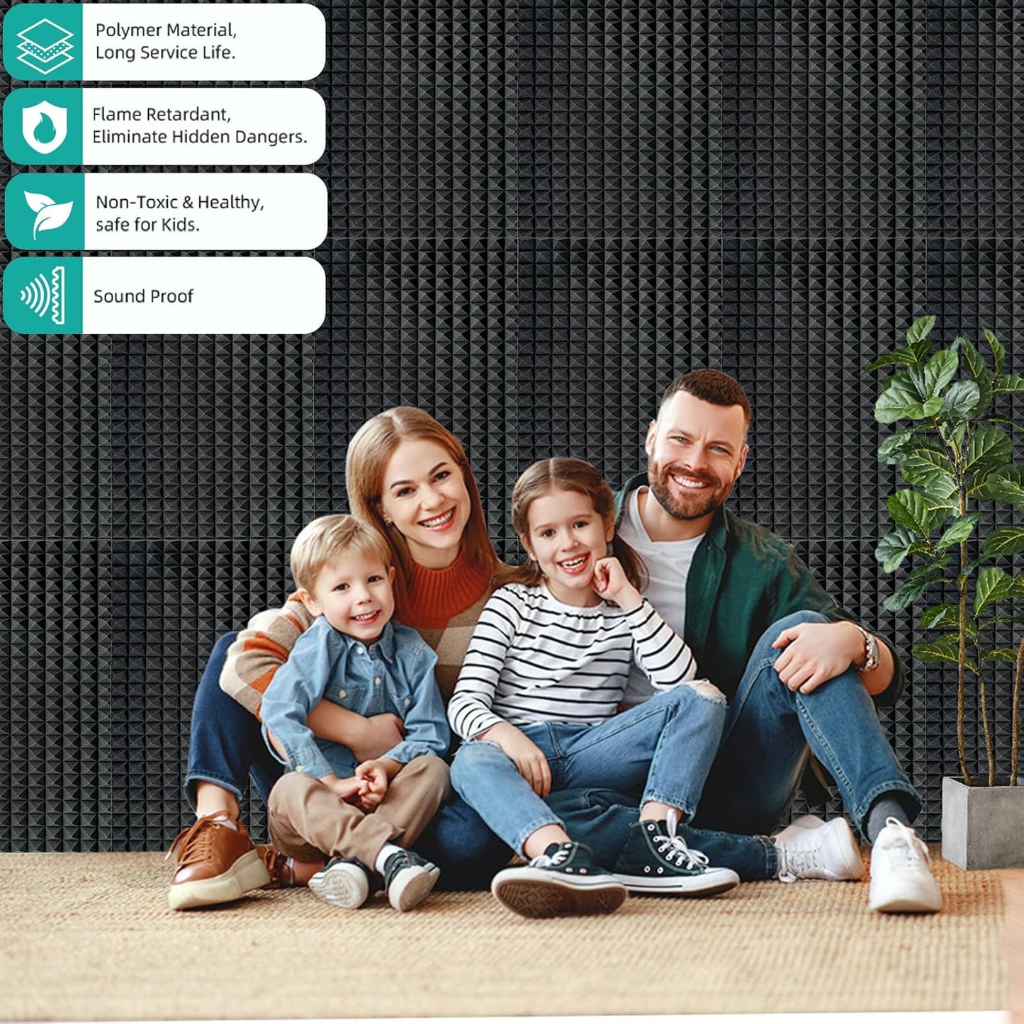 4 Pack pyramid Acoustic Foam Panels, 48 x 24 x 2" Sound Absorbing Panels High Density Studio Wedge Tiles Fire Resistant Acoustic Panels for Home,Office, Recording Room, Studio (Black)