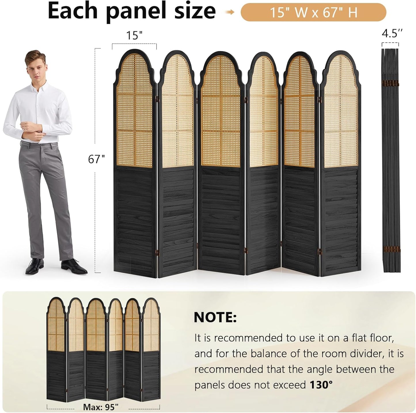 6 Panel Rattan Room Divider Panel, 5.6Ft Partitions and Dividers, Louvered Partition Divider, Room Dividers Screen, Solid Wood Frame, Folding Screen, Bedroom, Family Room, Black