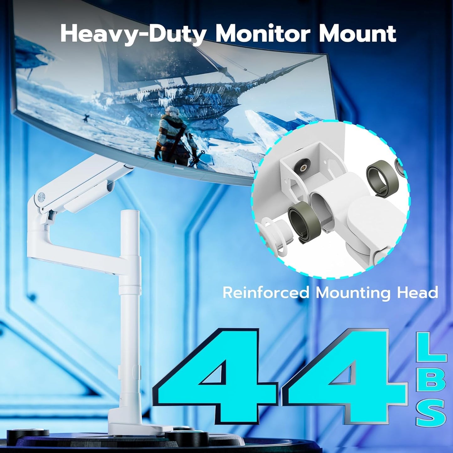 ARES WING Heavy-Duty Monitor Mount for 17-49 inches Ultrawide Curved Flat Monitors, Holds 44lbs, with Extended Column for Desk, Adjustable Gas Spring, White