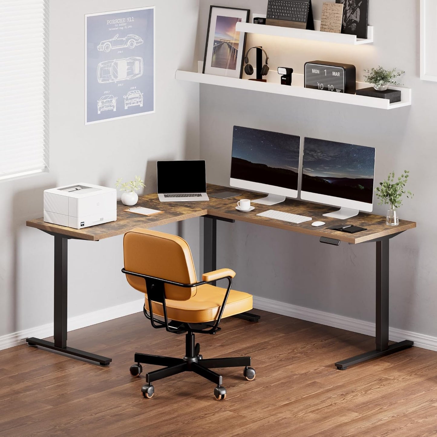 FLEXISPOT L Shaped Standing Desk, 71 x 63 Inch Electric Height Adjustable Corner Desk, Sit Stand Computer Workstation, Preset Controller, Home Office, Black Frame with Rustic Brown Top