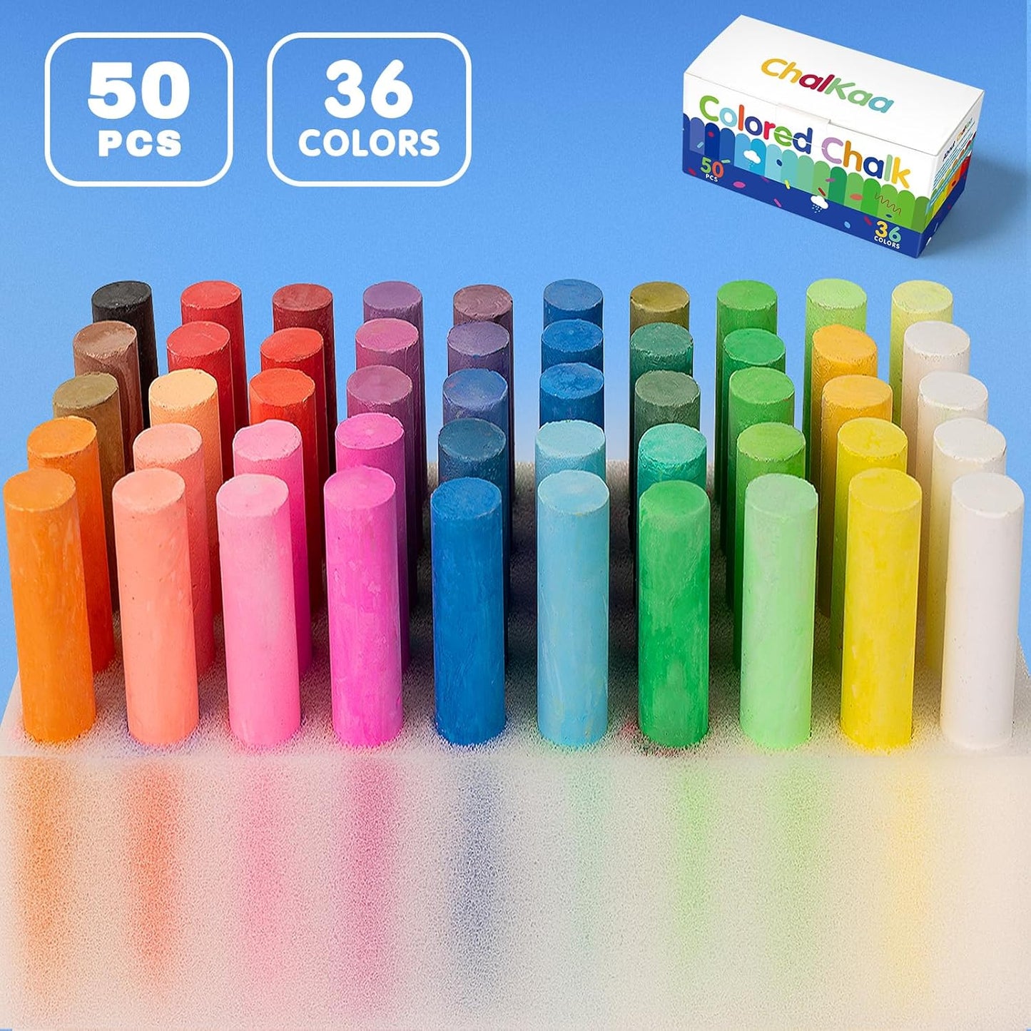 Colored Chalk 36 Colors 50 PCS | Non-Toxic Toddler Chalkboard Chalk for Teachers and Kids | Sponge-Wrapped Creative Drawing & Writing Art Tool