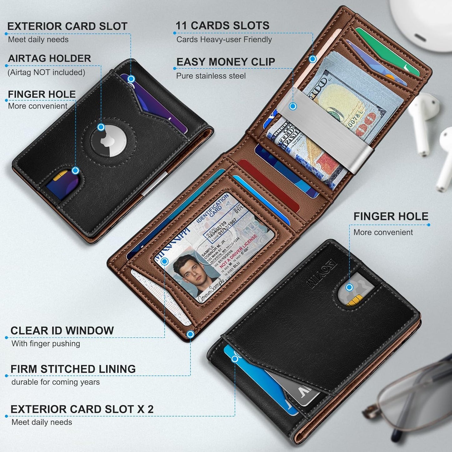 Airtag Wallet for Men,with Money Clip 11 Cards Slim Front Pocket Leather RFID Blocking Wallet with Gift Box