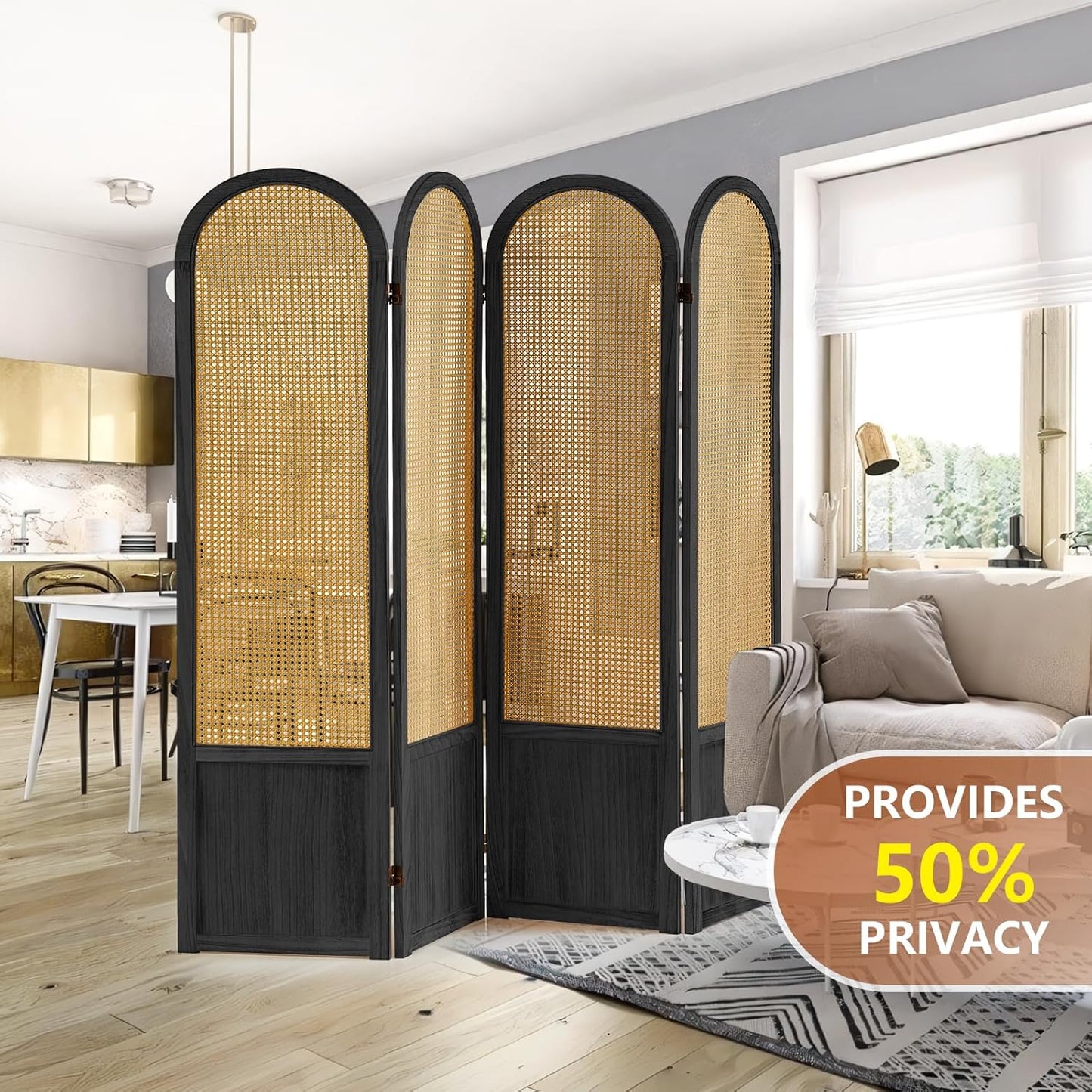 4 Panel Room Divider and Folding Privacy Screen, 5.6 Ft Foldable Double Hinged Rattan Partition, Hand-Woven Rattan Room Divider Portable Wood Freestanding Wall Divider for Room Separation - Black