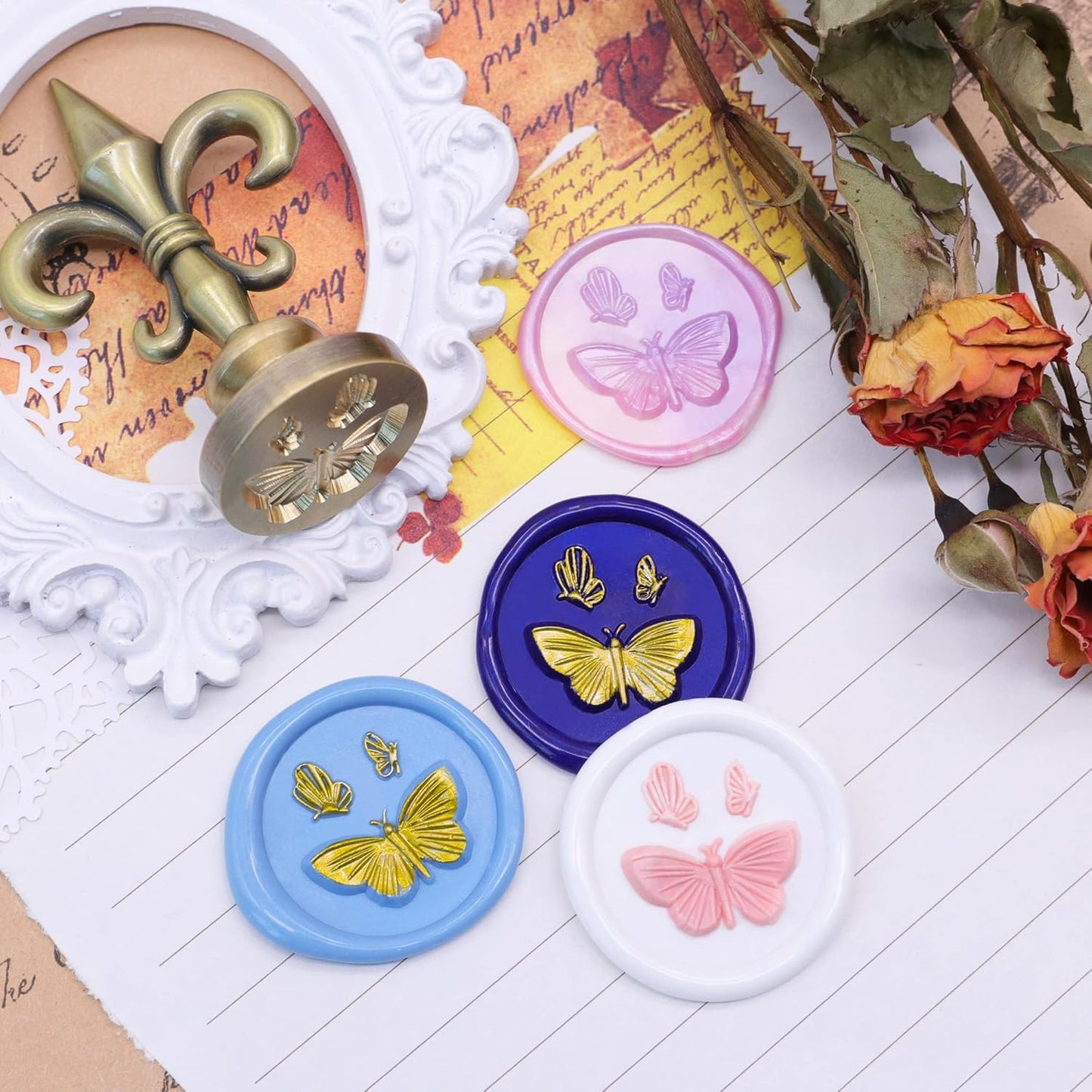 SWANGSA 3D Butterfly Wax Seal Stamp, Vintage Electroplated Bronze Flower Handle Sealing Stamp for Wedding Party Invitations Gift Idea Decoration