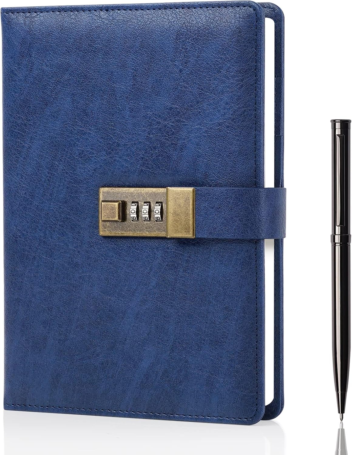 WEMATE Diary with Lock, A5 PU Leather Journal with Lock 240 Pages, Vintage Locks Journal Password Notebook with Pen, Locks Diary Planner Organizer for Men and Women, 8.6x5.8in Blue