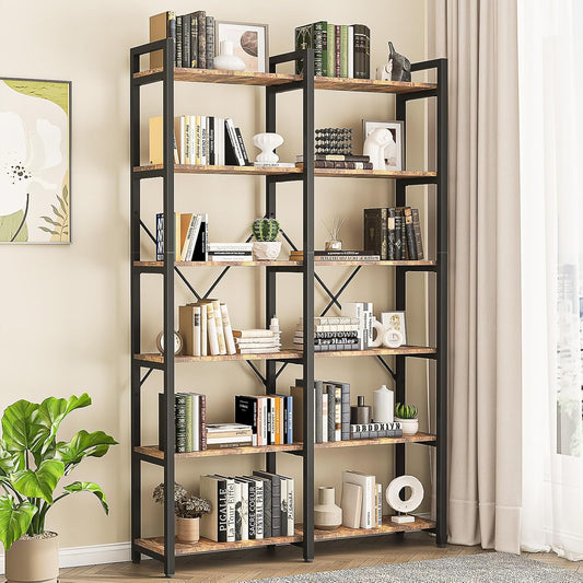oneinmil Bookshelf 6 Tier, 71.5'' Industrial Wood Bookshelves, Book Shelf with 12 Open Display Shelves & Metal Frame, Tall Bookcase for Home and Office, Rustic Brown