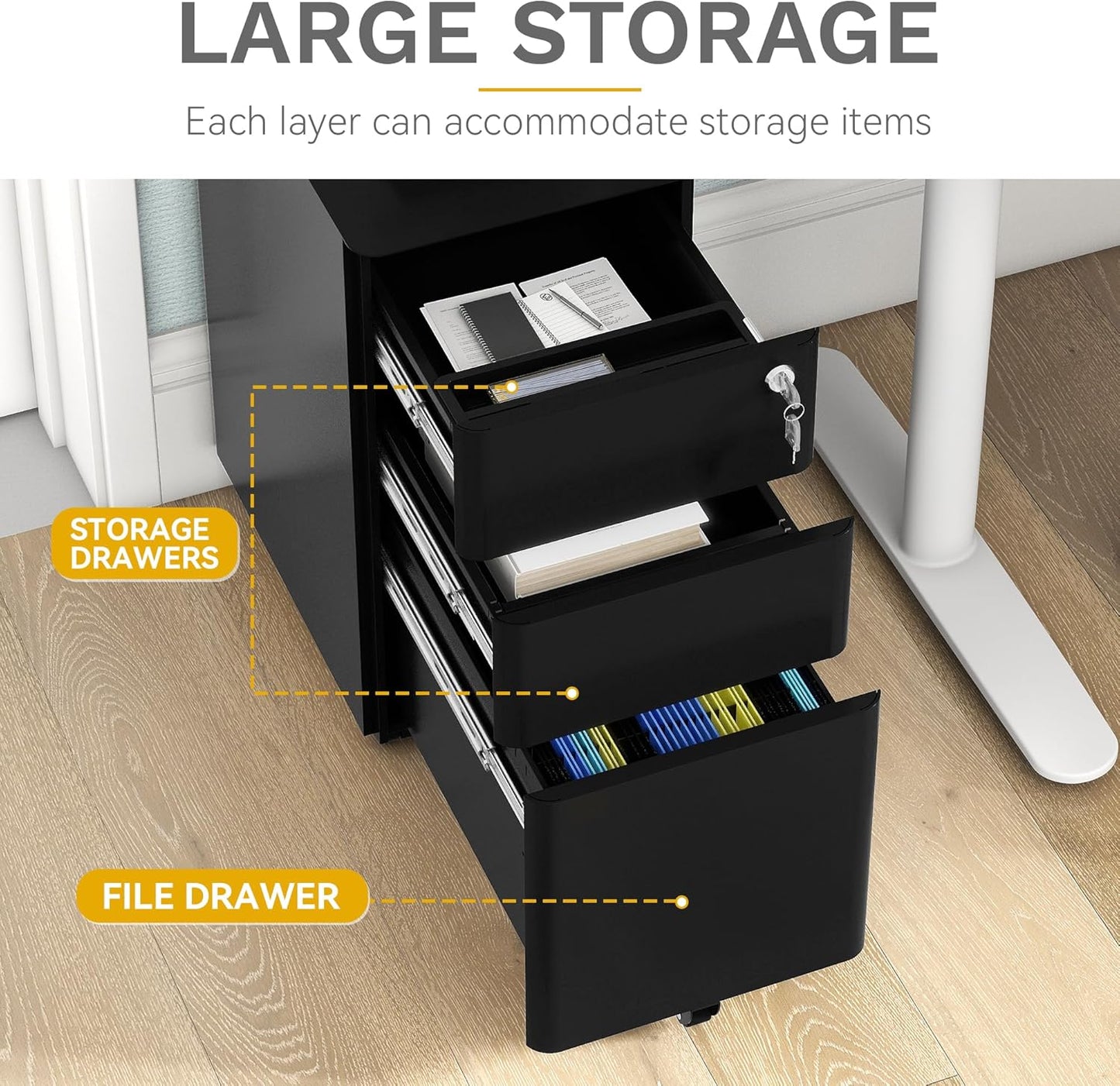 DWVO 3-Drawer Vertical File Cabinet, Mobile Filing Cabinet with Lockable, Pre-Assembled Compact Slim File Cabinet, Portable Office Storage for A4/Letter/Legal Documents (Black)